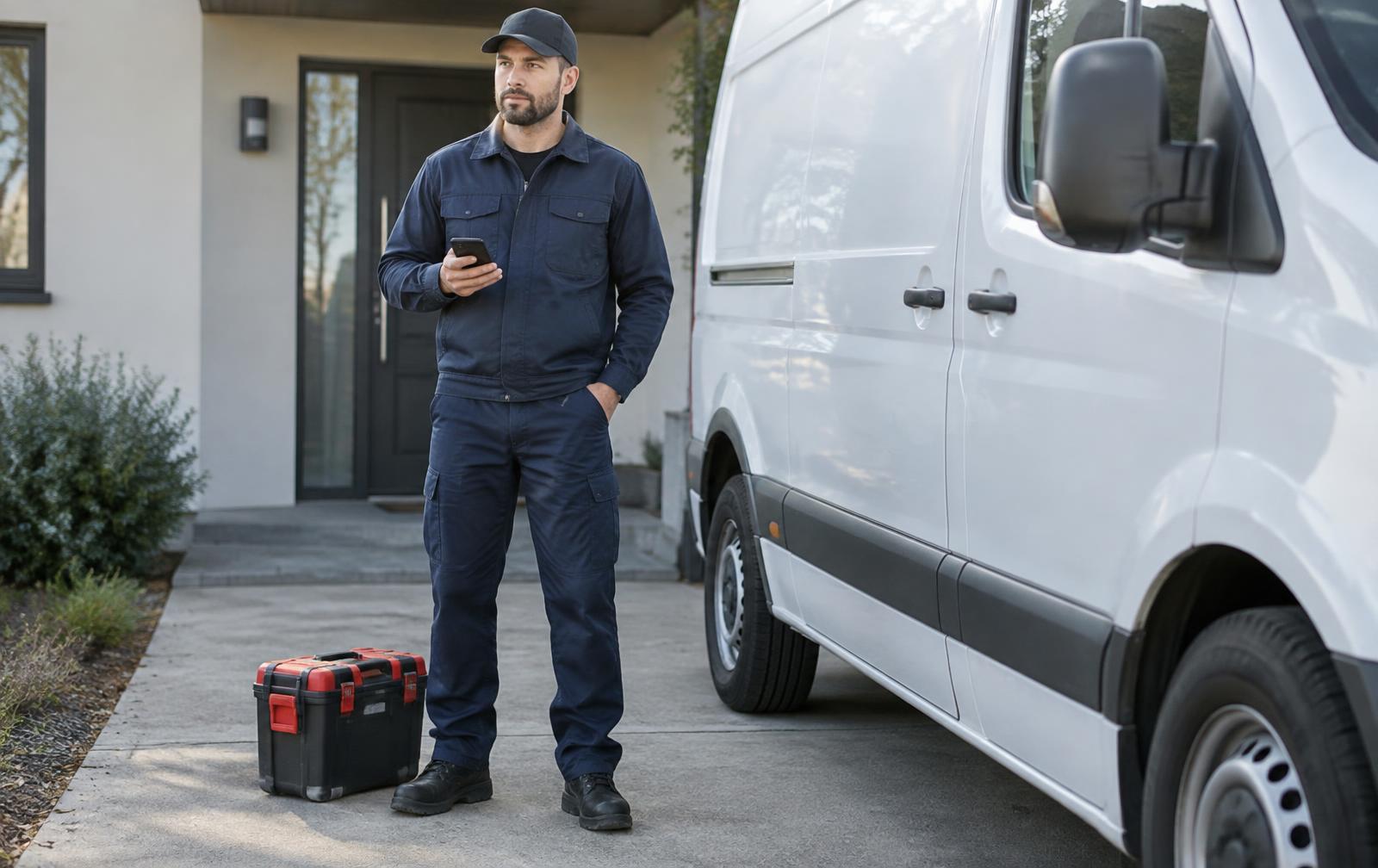 Service technician with a phone