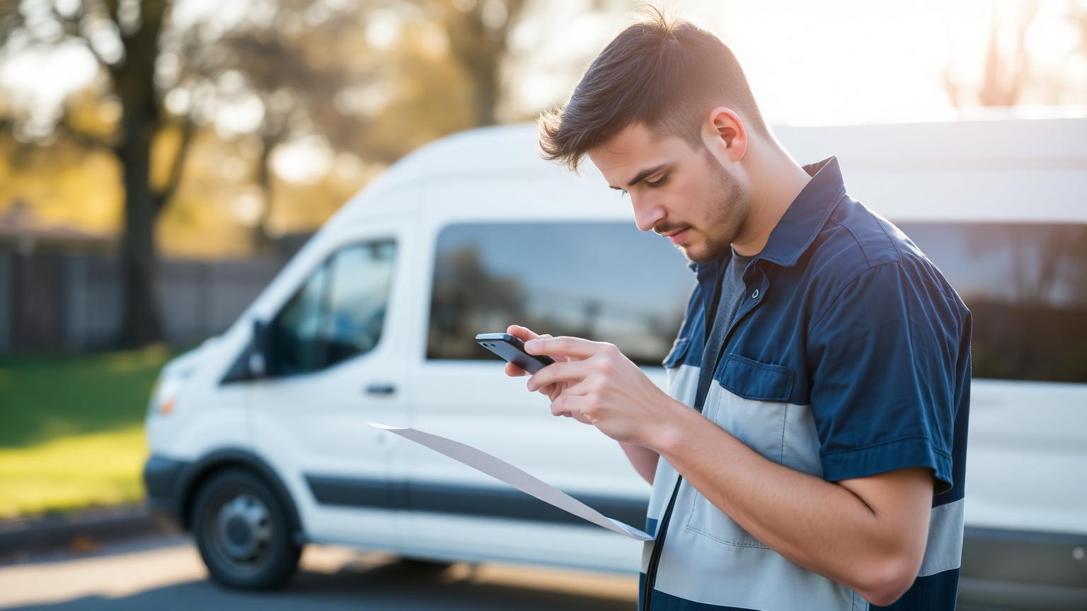 A field technician checking assigned tasks on a phone