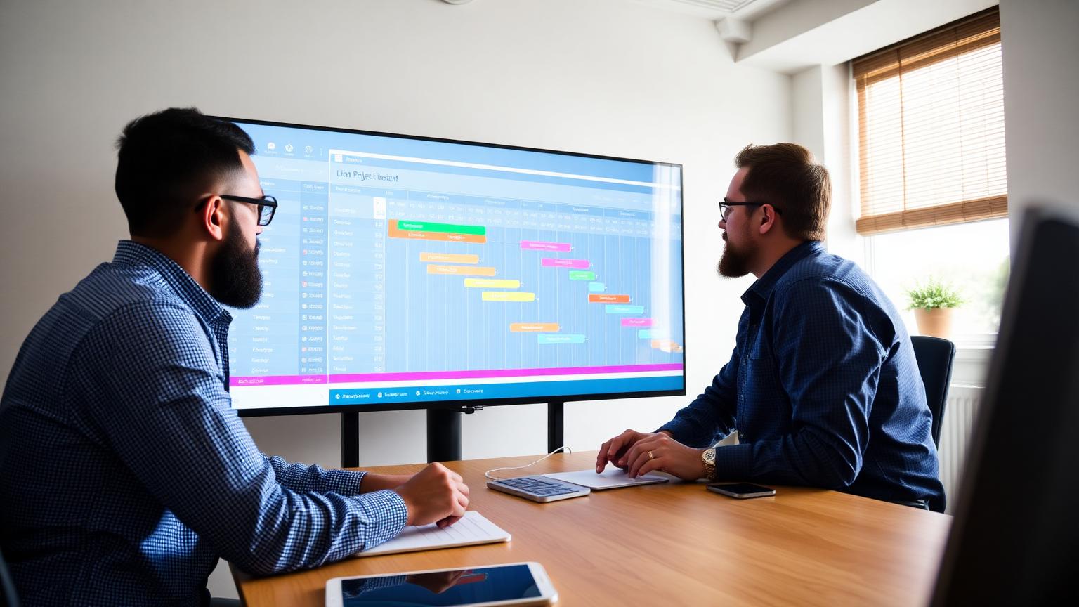 Two managers reviewing a project timeline with milestones
